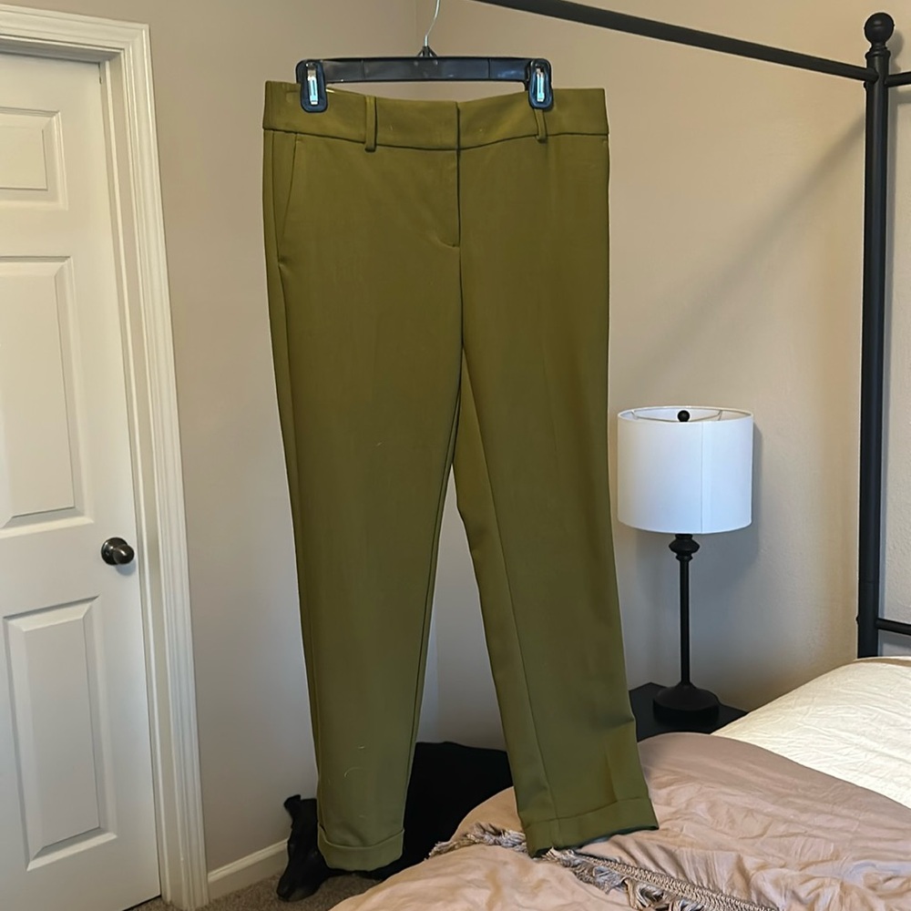 Army green Loft trousers.